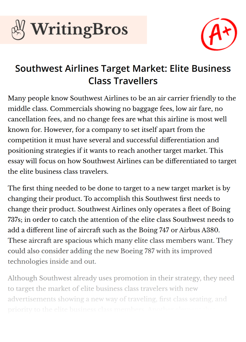 Southwest Airlines Target Market: Elite Business Class Travellers essay