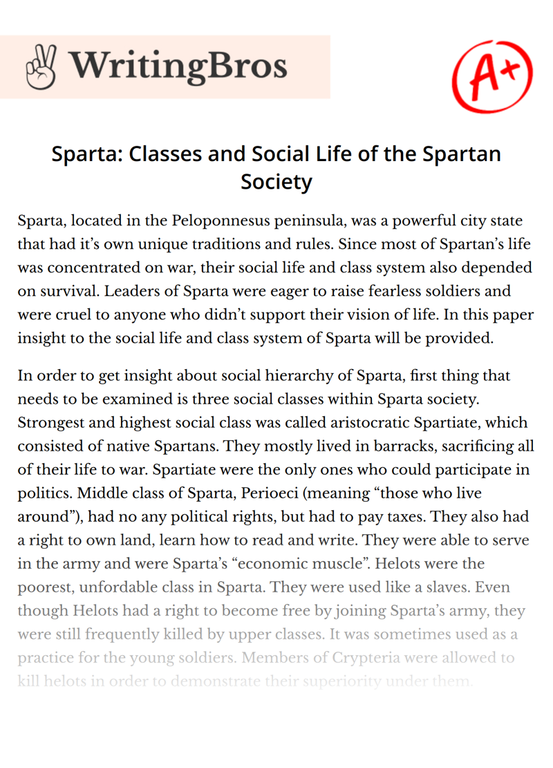 Sparta: Classes and Social Life of the Spartan Society essay