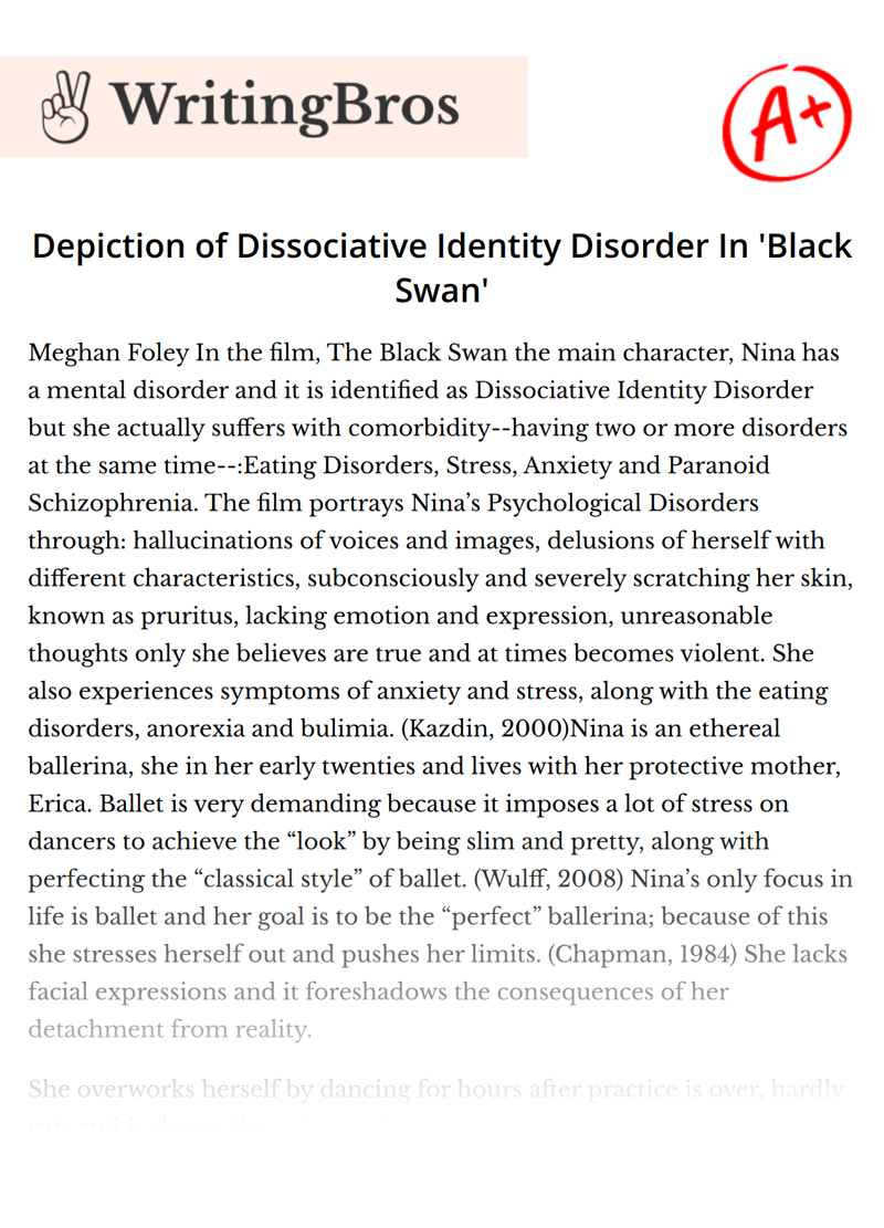 Depiction of Dissociative Identity Disorder In 'Black Swan' essay