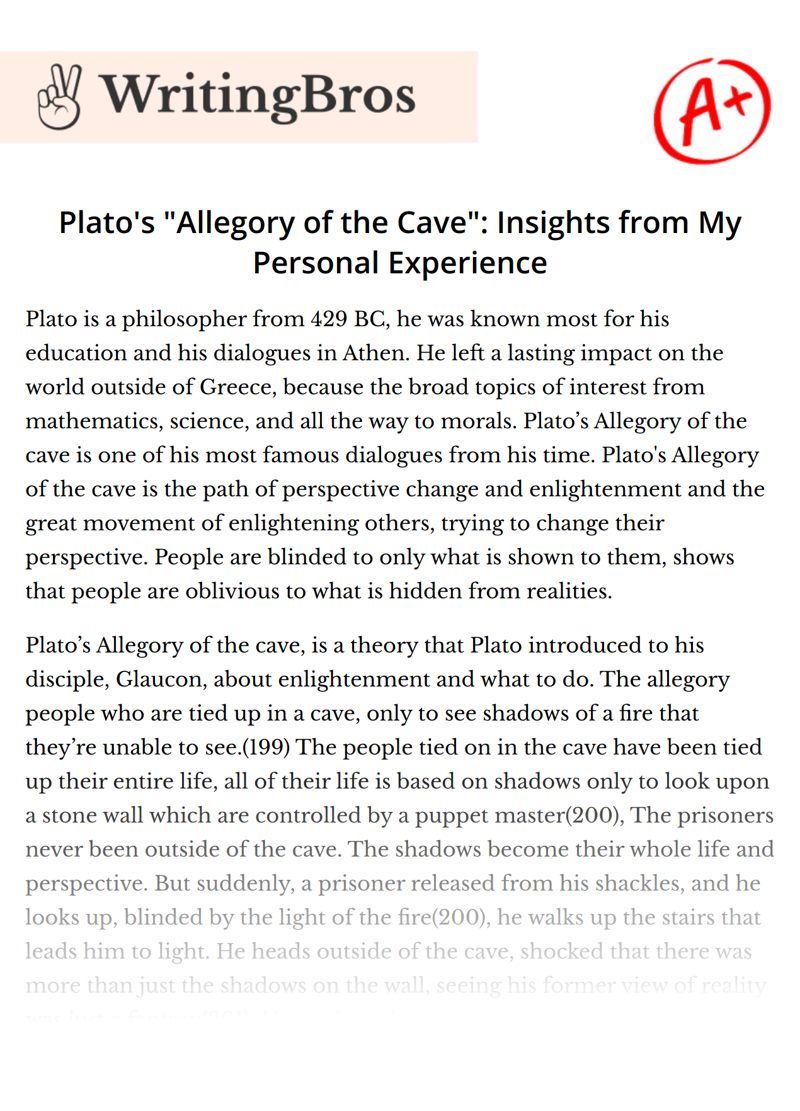 Plato's "Allegory of the Cave": Insights from My Personal Experience essay