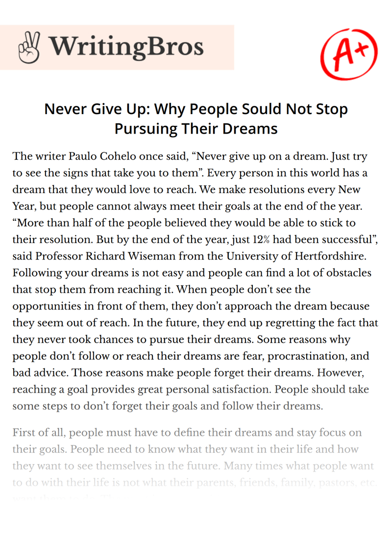 Never Give Up: Why People Sould Not Stop Pursuing Their Dreams essay