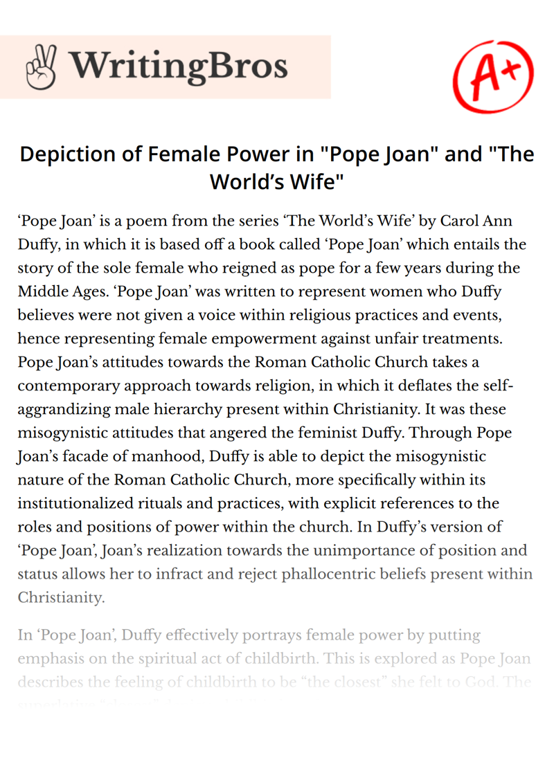 Depiction of Female Power in "Pope Joan" and "The World’s Wife"  essay