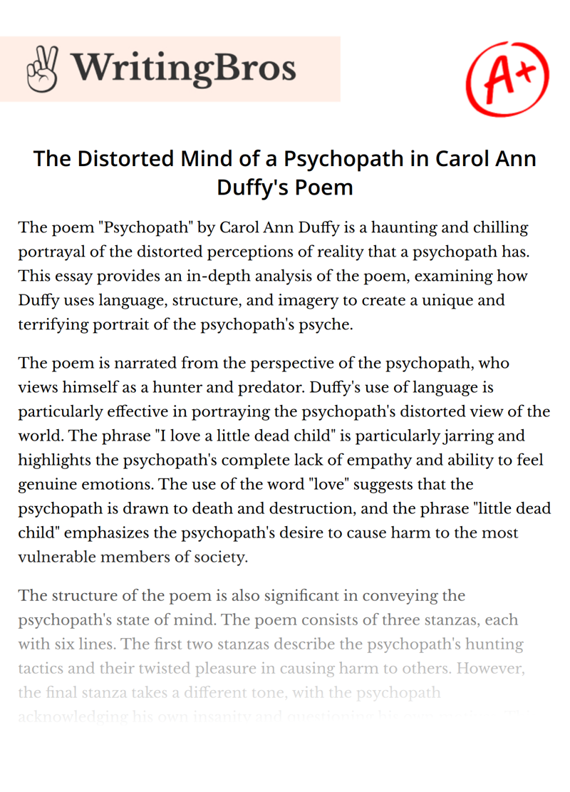 The Distorted Mind of a Psychopath in Carol Ann Duffy's Poem essay