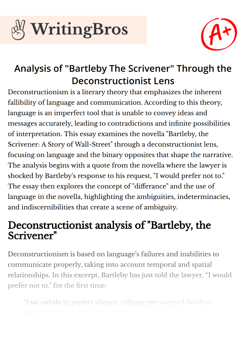 Analysis of "Bartleby The Scrivener" Through the Deconstructionist Lens essay