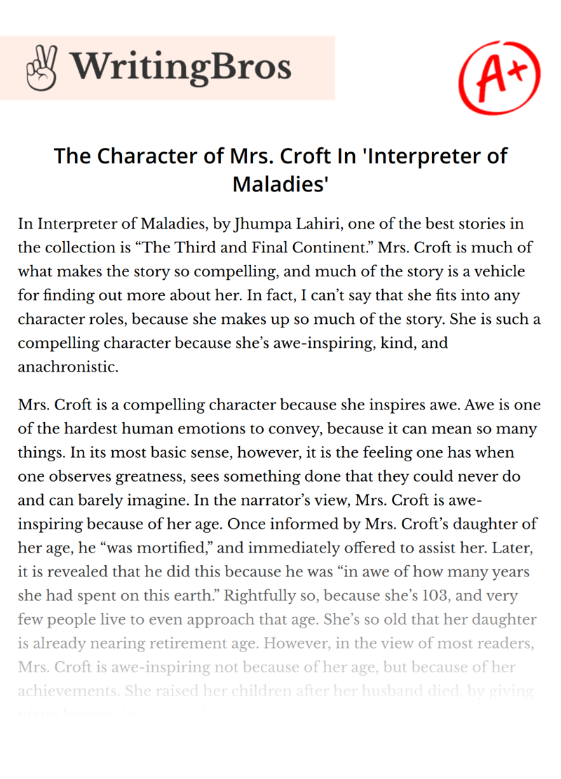 The Character of Mrs. Croft In 'Interpreter of Maladies' essay