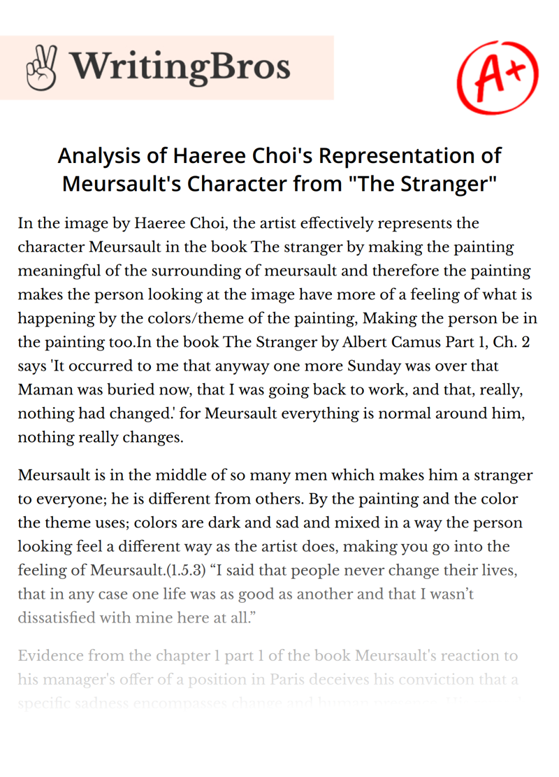 Analysis of Haeree Choi's Representation of Meursault's Character from "The Stranger" essay