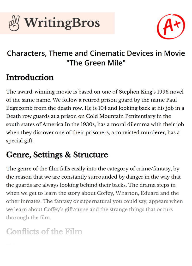 Characters, Theme and Cinematic Devices in Movie "The Green Mile" essay