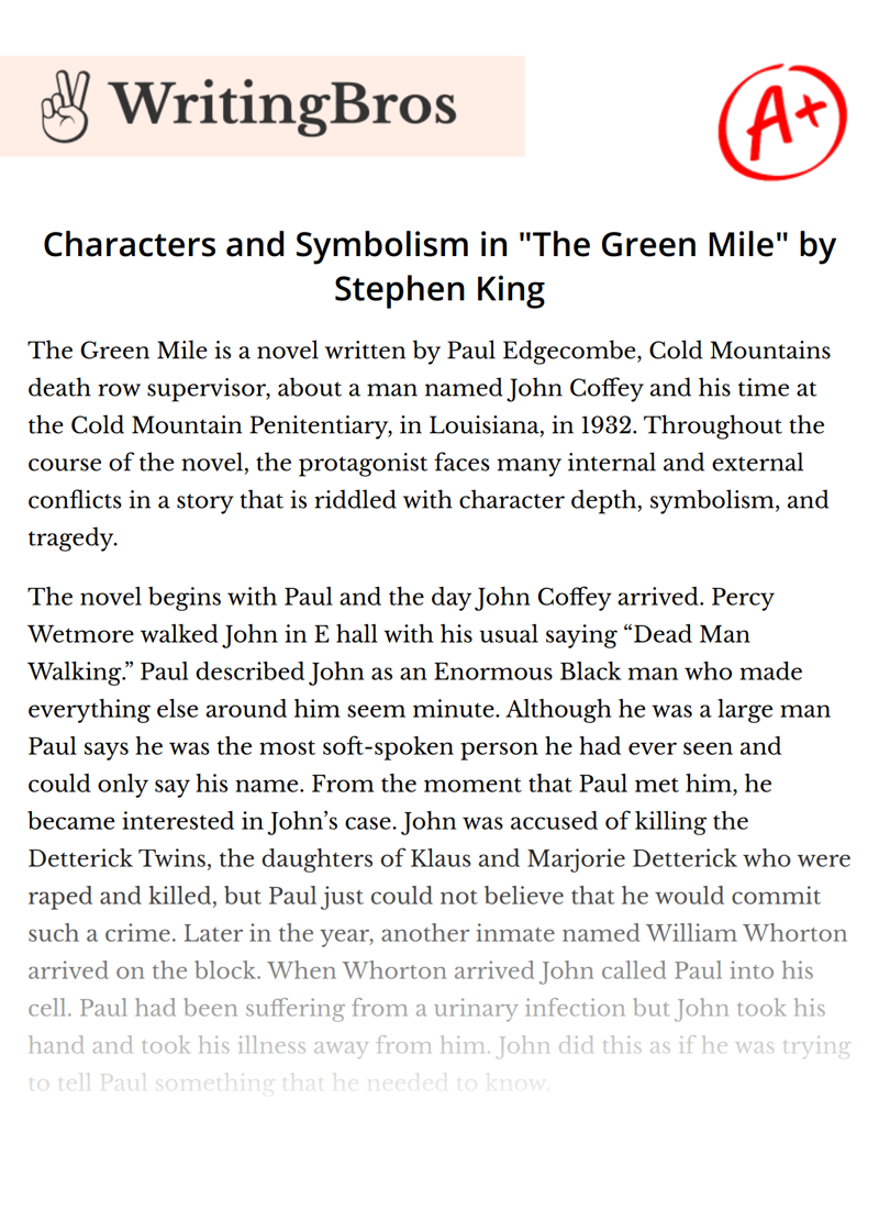 Characters and Symbolism in "The Green Mile" by Stephen King essay