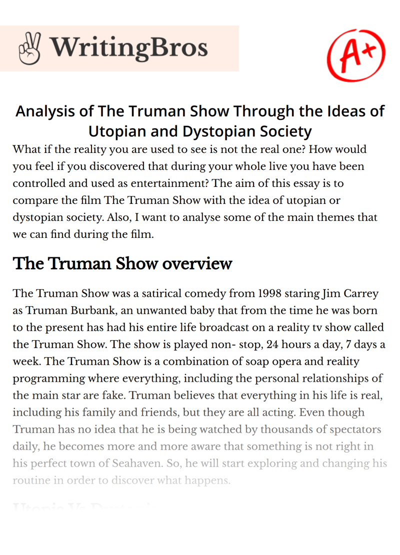 Analysis of The Truman Show Through the Ideas of Utopian and Dystopian Society essay