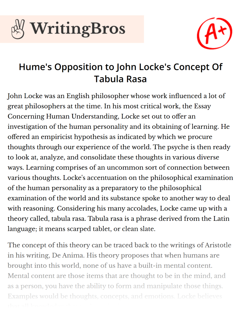 Hume's Opposition to John Locke's Concept Of Tabula Rasa essay