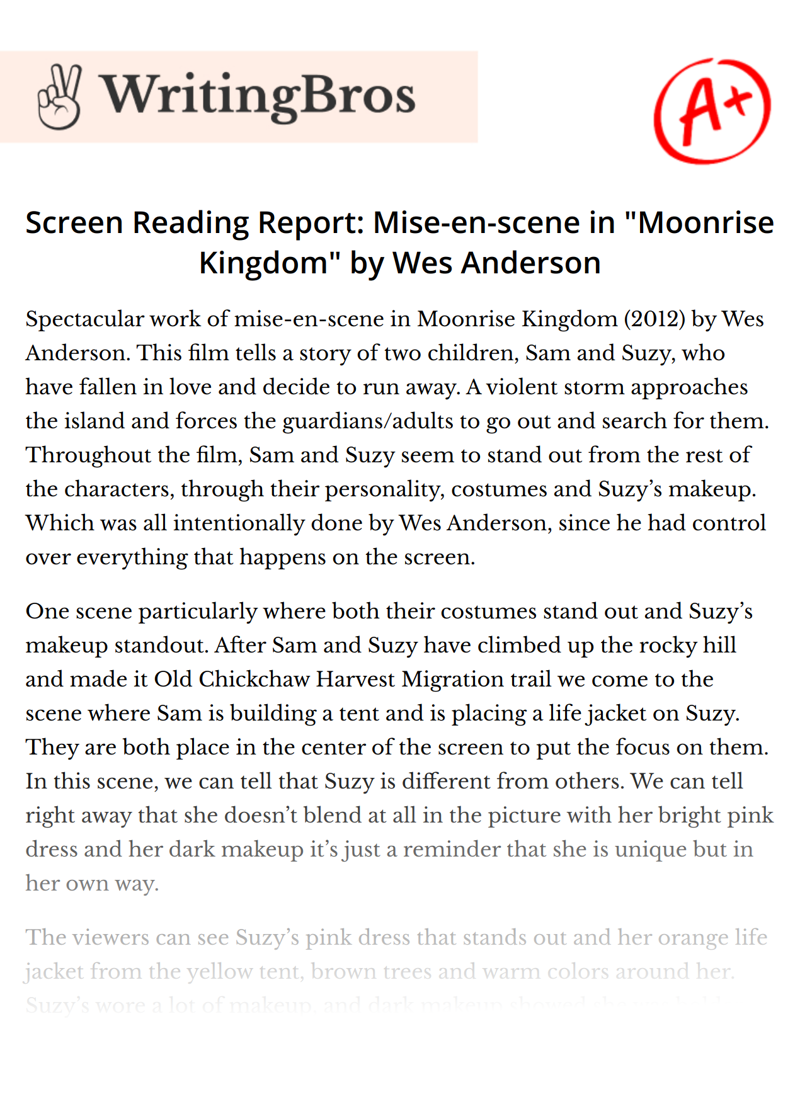 Screen Reading Report: Mise-en-scene in "Moonrise Kingdom" by Wes Anderson essay