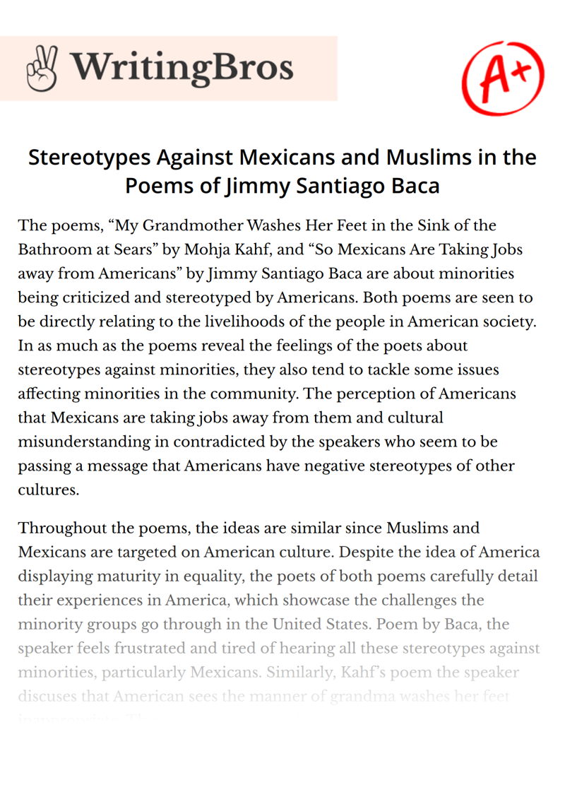 Stereotypes Against Mexicans and Muslims in the Poems of Jimmy Santiago Baca essay