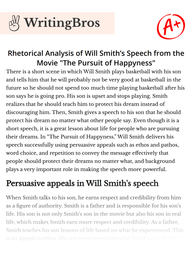 Rhetorical Analysis of Will Smith’s Speech from the Movie "The Pursuit of Happyness" essay