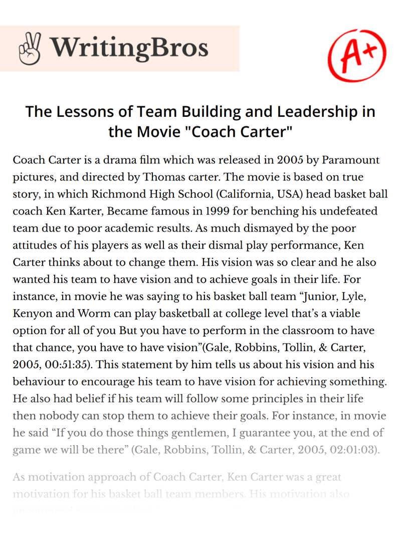 The Lessons of Team Building and Leadership in the Movie "Coach Carter" essay