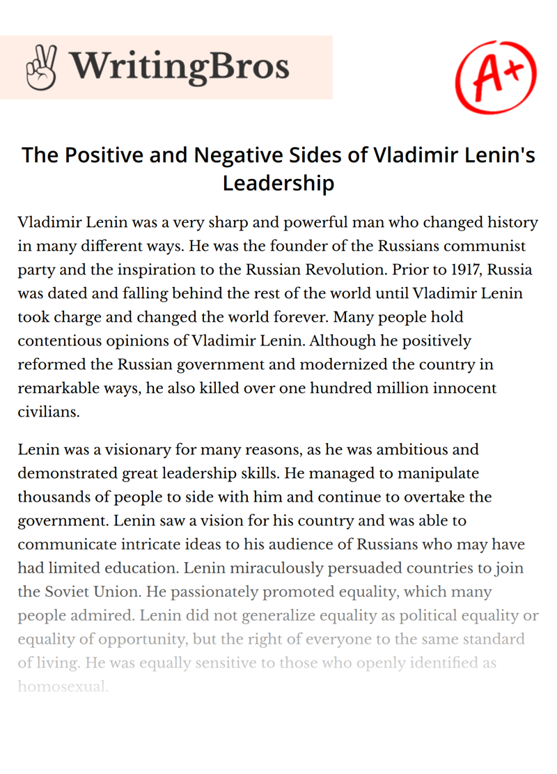 The Positive and Negative Sides of Vladimir Lenin's Leadership essay