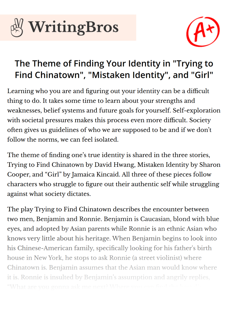 The Theme of Finding Your Identity in "Trying to Find Chinatown", "Mistaken Identity", and "Girl" essay