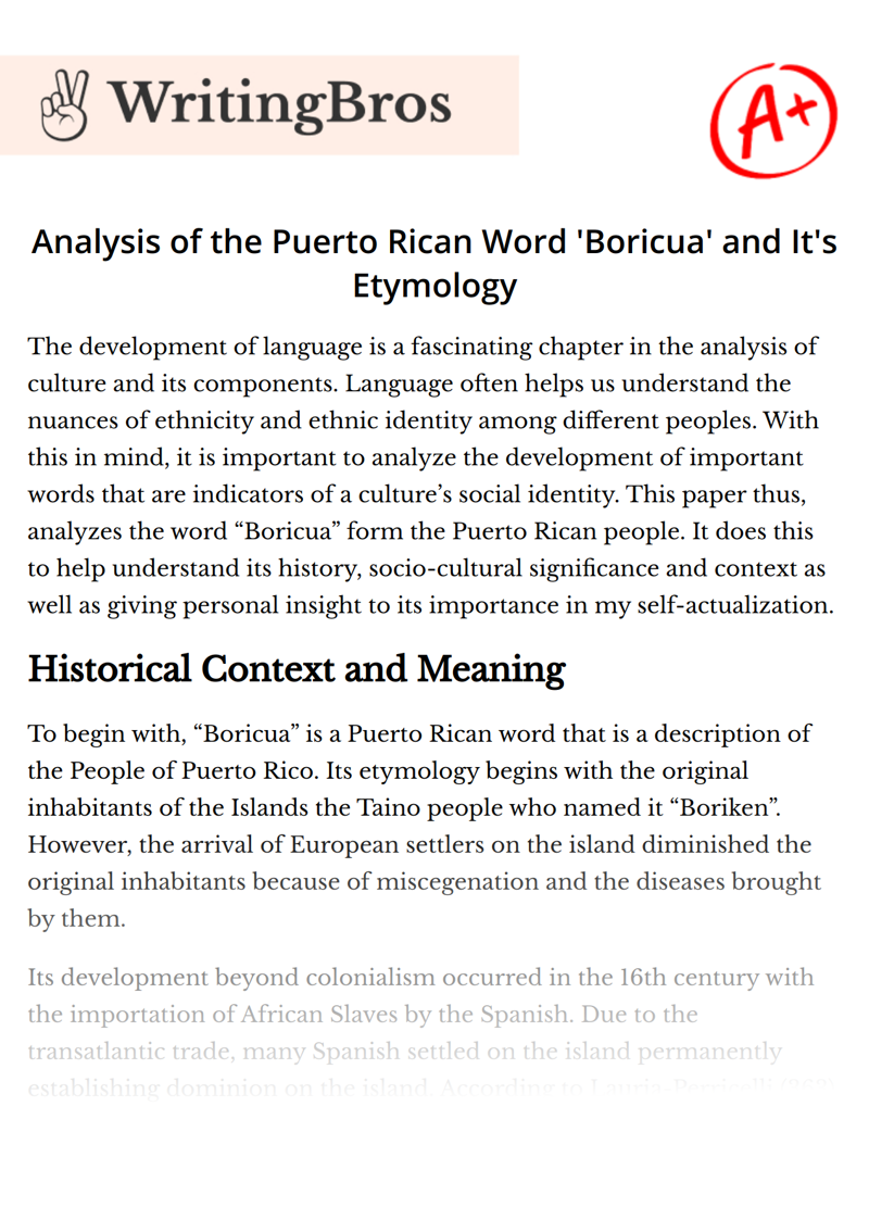 Analysis of the Puerto Rican Word 'Boricua' and It's Etymology essay