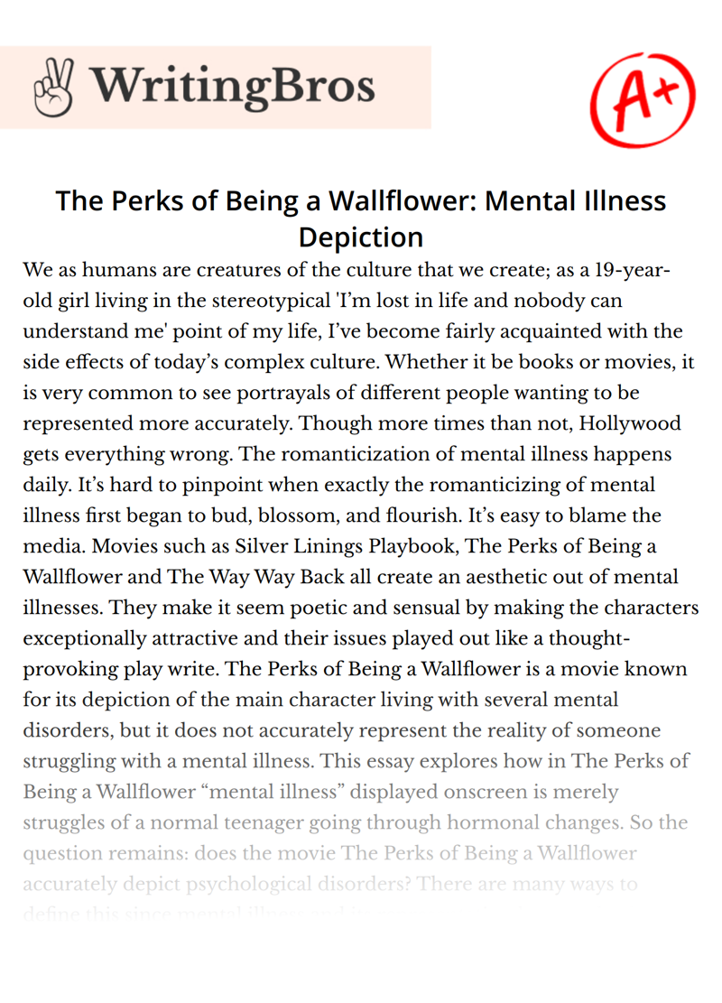 The Perks of Being a Wallflower: Mental Illness Depiction essay
