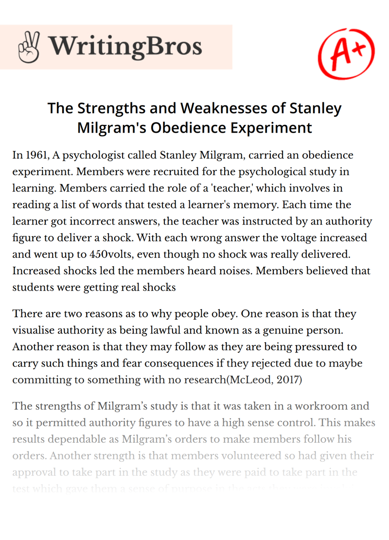 The Strengths and Weaknesses of Stanley Milgram's Obedience Experiment essay