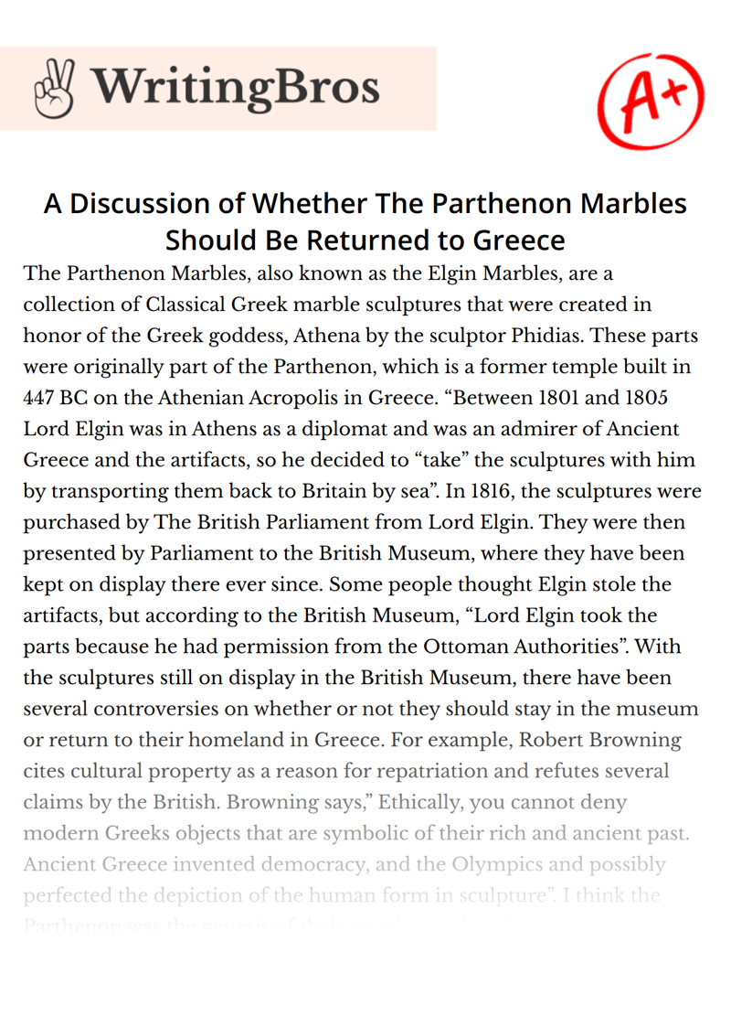 A Discussion of Whether The Parthenon Marbles Should Be Returned to Greece essay