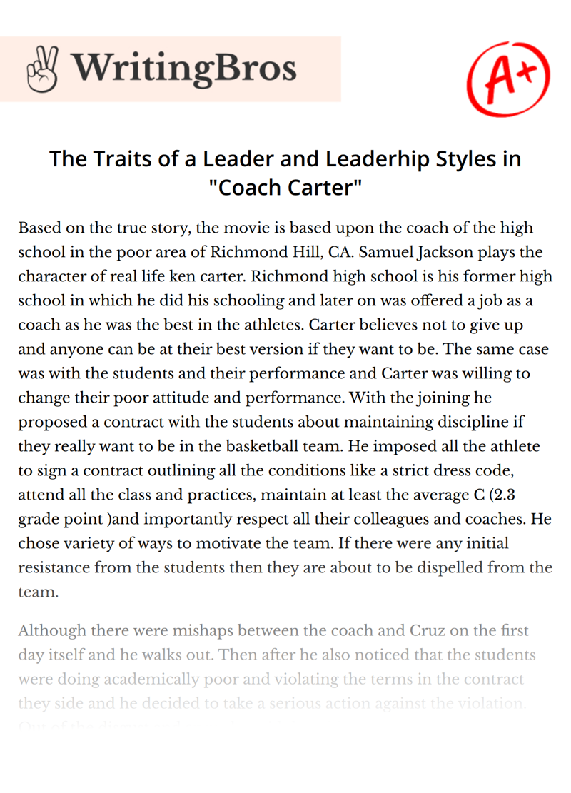 The Traits of a Leader and Leaderhip Styles in "Coach Carter" essay