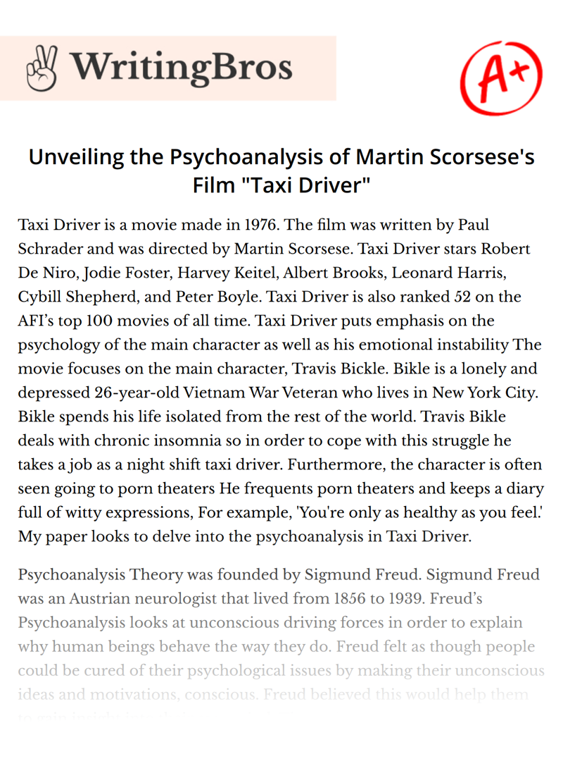 Unveiling the Psychoanalysis of Martin Scorsese's Film "Taxi Driver" essay