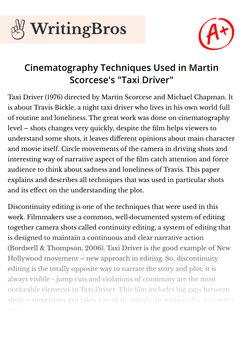 Cinematography Techniques Used in Martin Scorcese's "Taxi Driver" essay