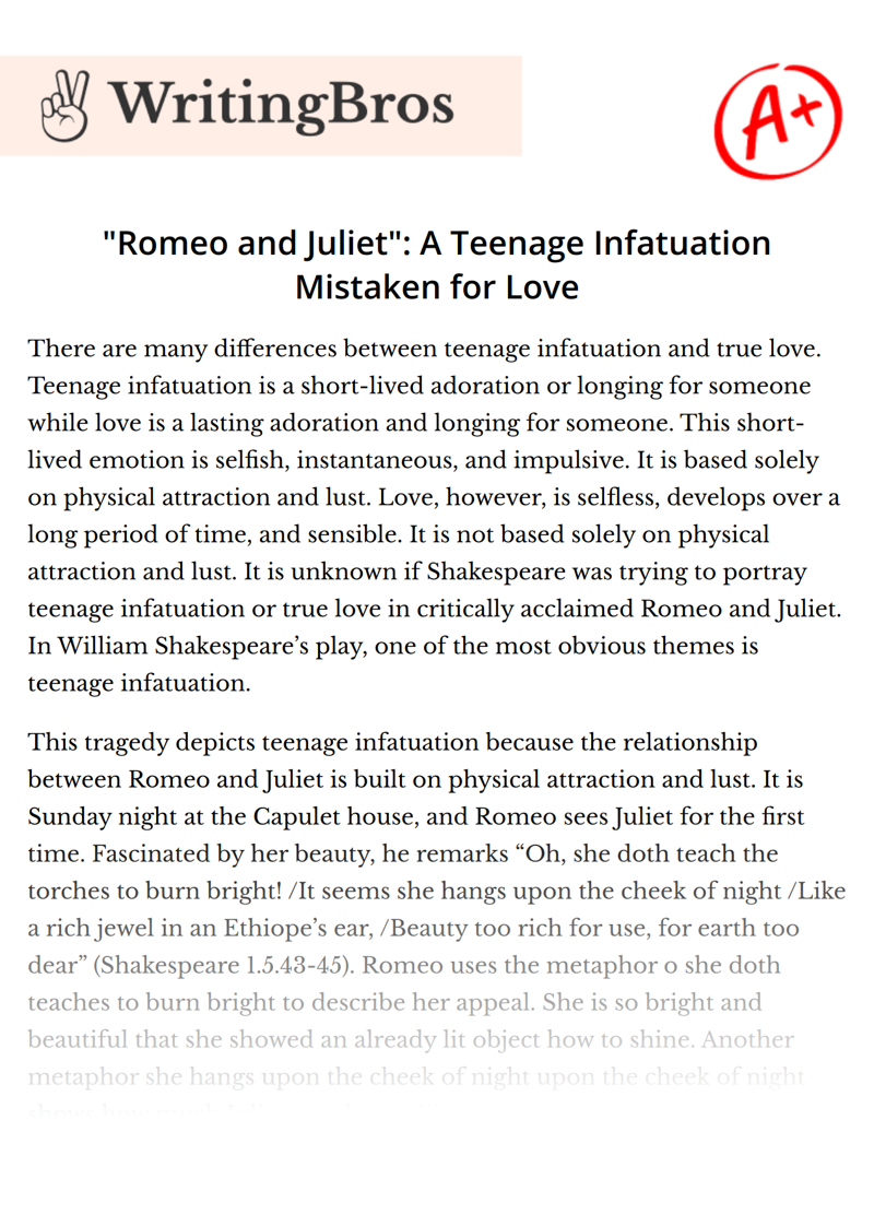 "Romeo and Juliet": A Teenage Infatuation Mistaken for Love essay