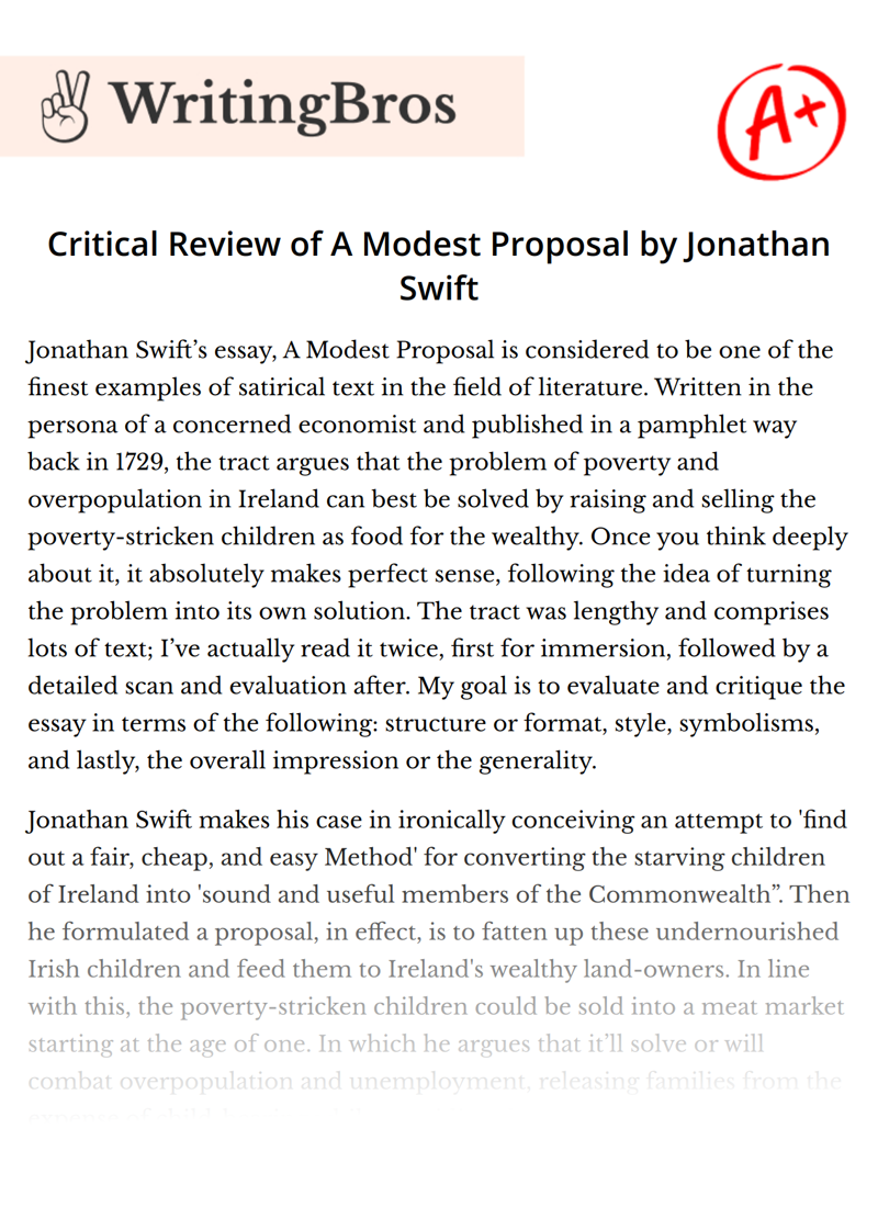 Critical Review of A Modest Proposal by Jonathan Swift essay