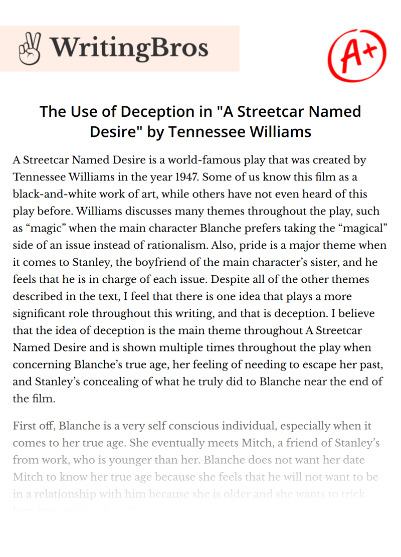 The Use of Deception in "A Streetcar Named Desire" by Tennessee Williams essay
