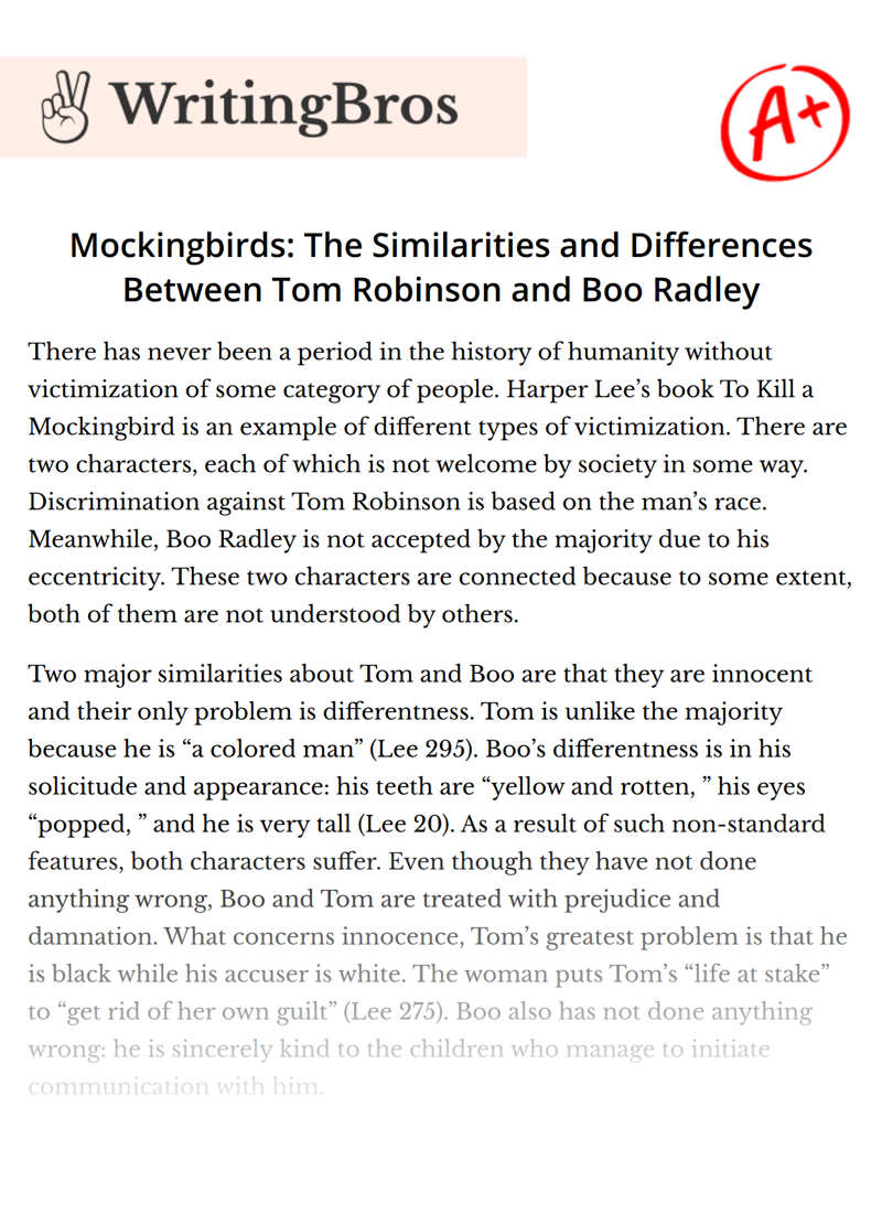 Mockingbirds: The Similarities and Differences Between Tom Robinson and Boo Radley essay