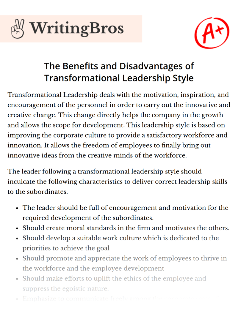 The Benefits and Disadvantages of Transformational Leadership Style essay