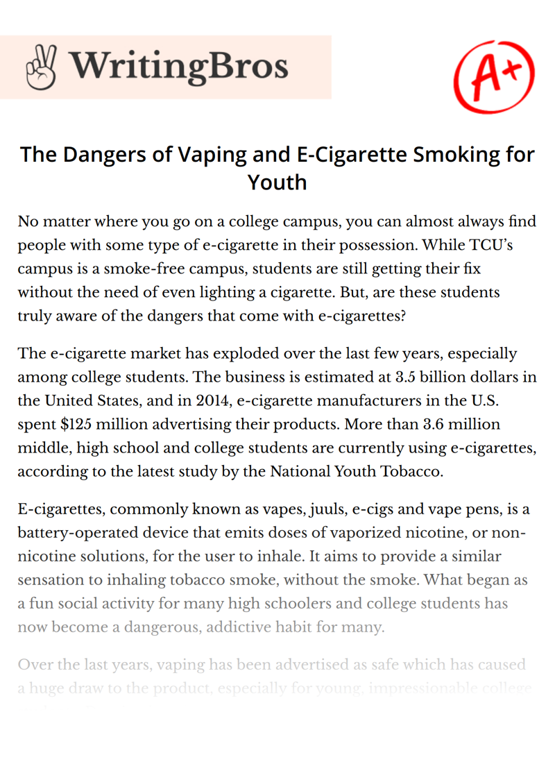 The Dangers of Vaping and E-Cigarette Smoking for Youth essay