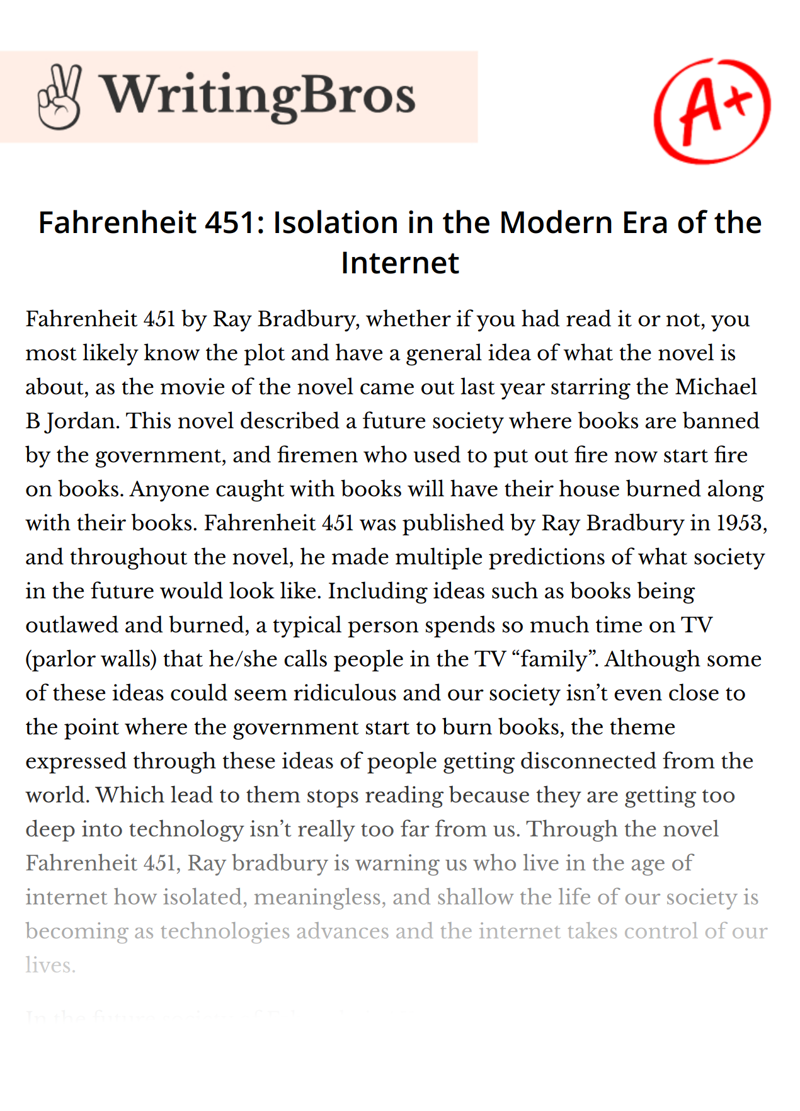 Fahrenheit 451: Isolation in the Modern Era of the Internet essay
