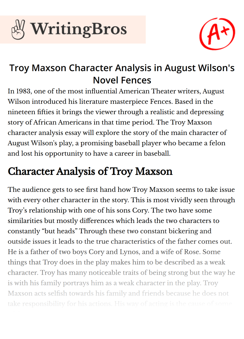 Troy Maxson Character Analysis in August Wilson's Novel Fences essay