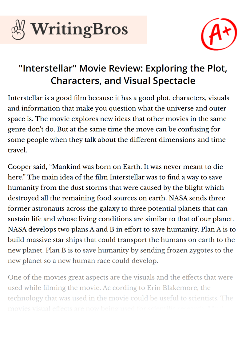 "Interstellar" Movie Review: Exploring the Plot, Characters, and Visual Spectacle essay