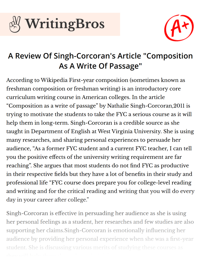 A Review Of Singh-Corcoran's Article "Composition As A Write Of Passage" essay