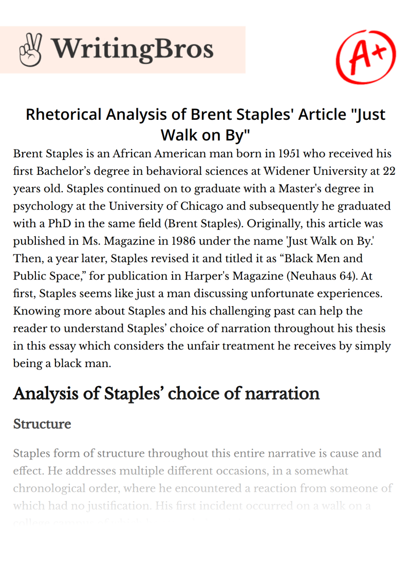 Rhetorical Analysis of Brent Staples' Article "Just Walk on By" essay