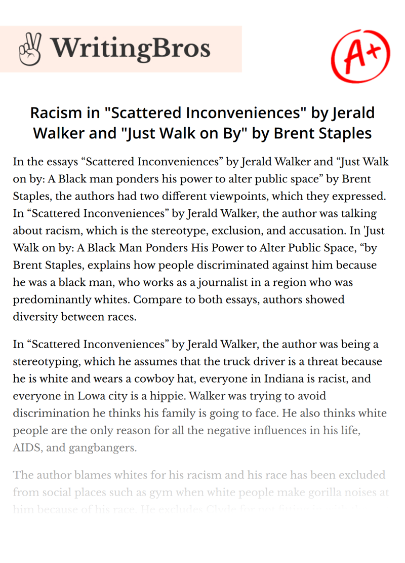 Racism in "Scattered Inconveniences" by Jerald Walker and "Just Walk on By" by Brent Staples essay