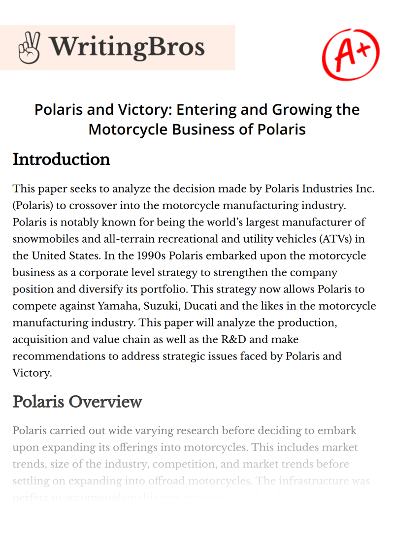 Polaris and Victory: Entering and Growing the Motorcycle Business of Polaris essay