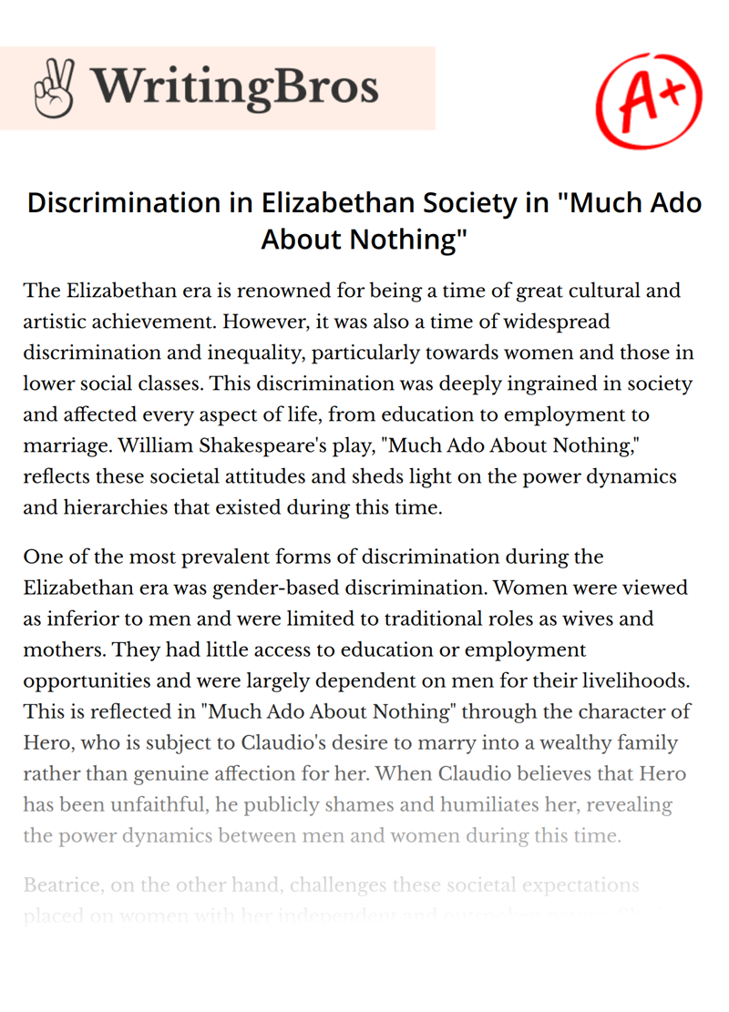 Discrimination in Elizabethan Society in "Much Ado About Nothing" essay