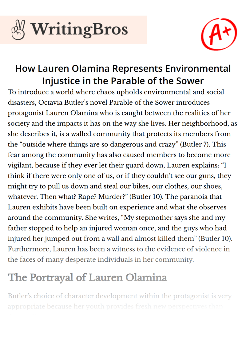 How Lauren Olamina Represents Environmental Injustice in the Parable of the Sower essay