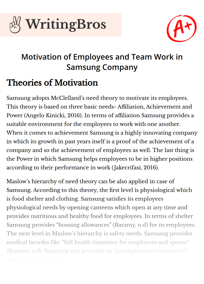 Motivation of Employees and Team Work in Samsung Company essay