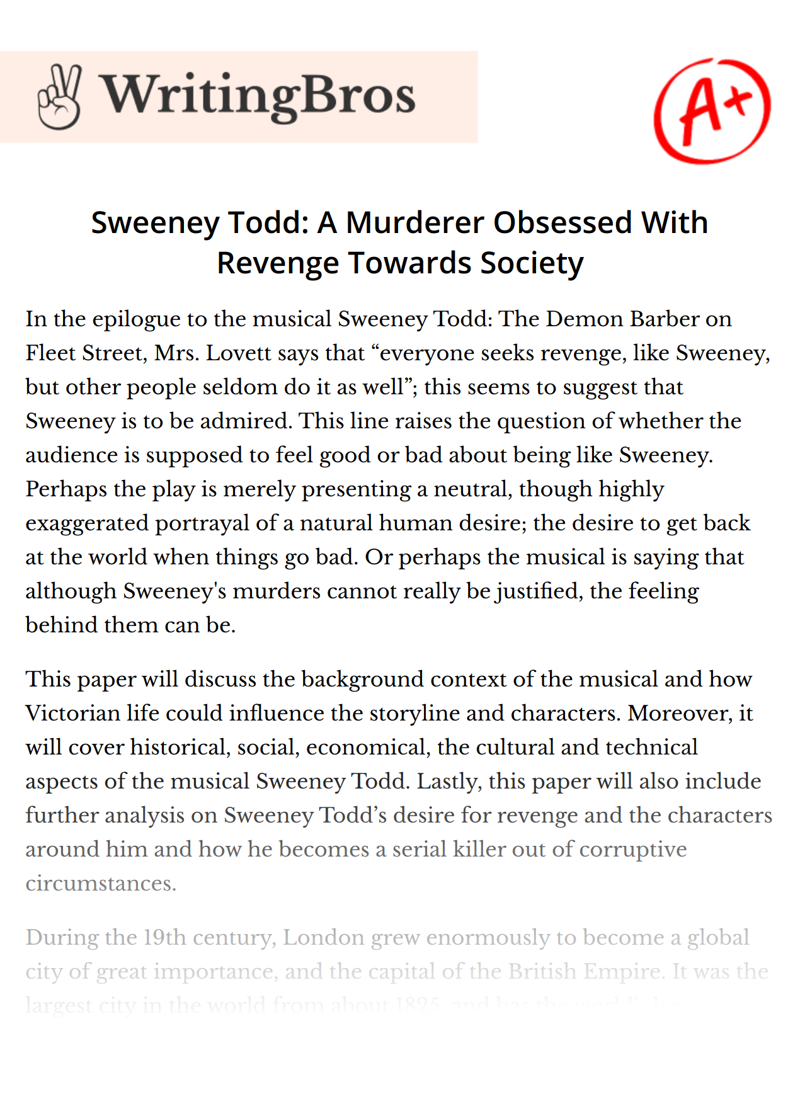 Sweeney Todd: A Murderer Obsessed With Revenge Towards Society essay
