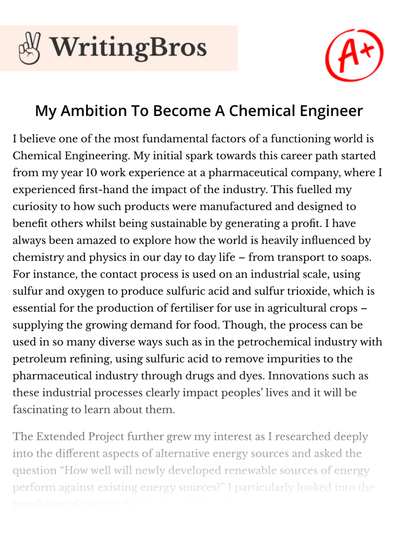 My Ambition To Become A Chemical Engineer essay
