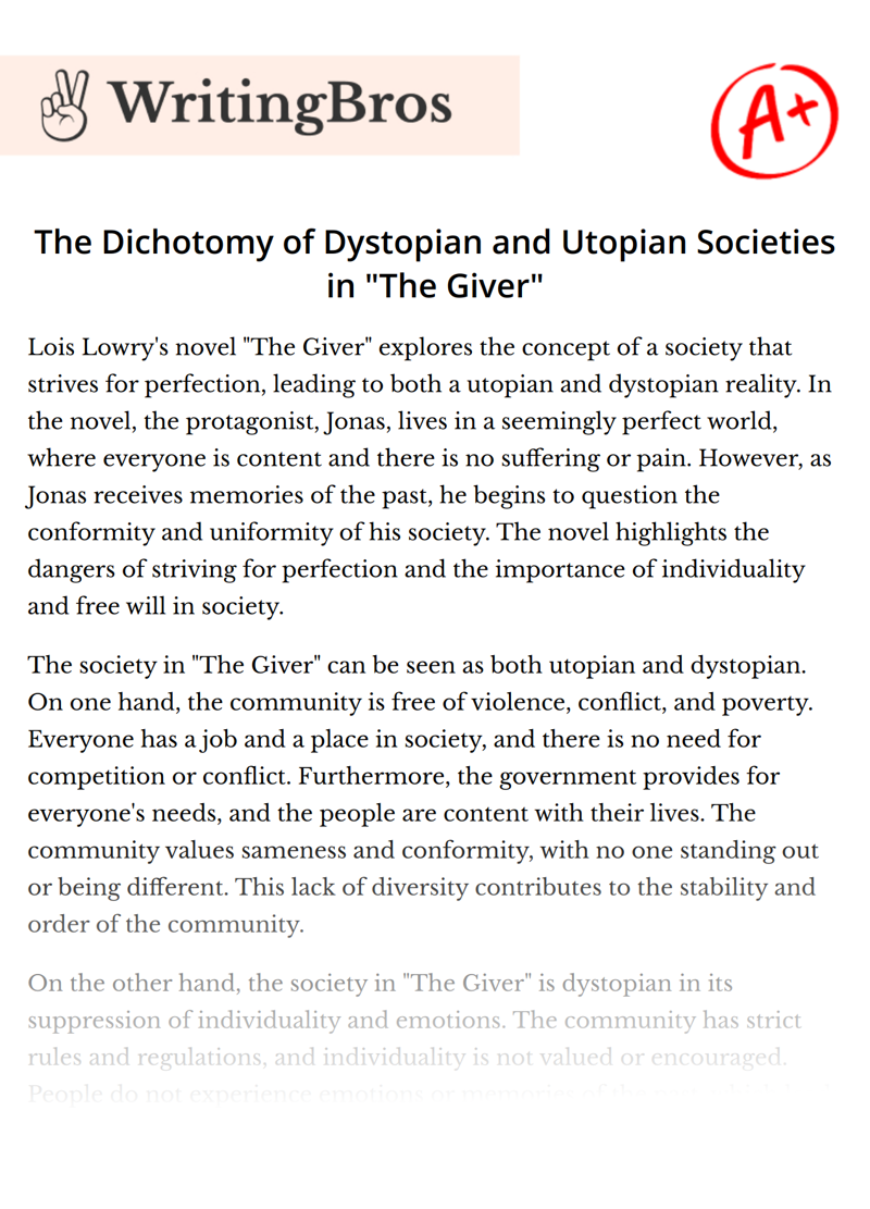 The Dichotomy of Dystopian and Utopian Societies in "The Giver" essay