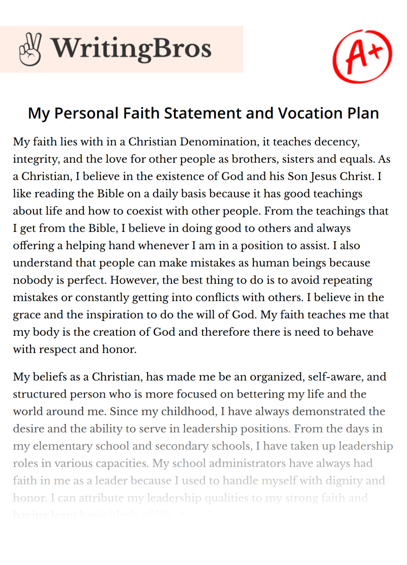 My Personal Faith Statement and Vocation Plan essay