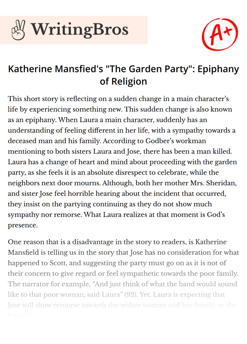 Katherine Mansfied's "The Garden Party": Epiphany of Religion essay