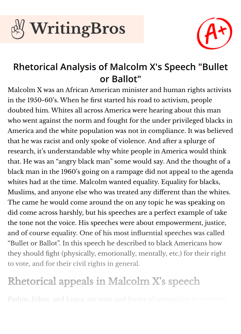 Rhetorical Analysis of Malcolm X's Speech "Bullet or Ballot" essay