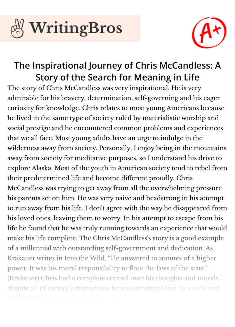 The Inspirational Journey of Chris McCandless: A Story of the Search for Meaning in Life essay